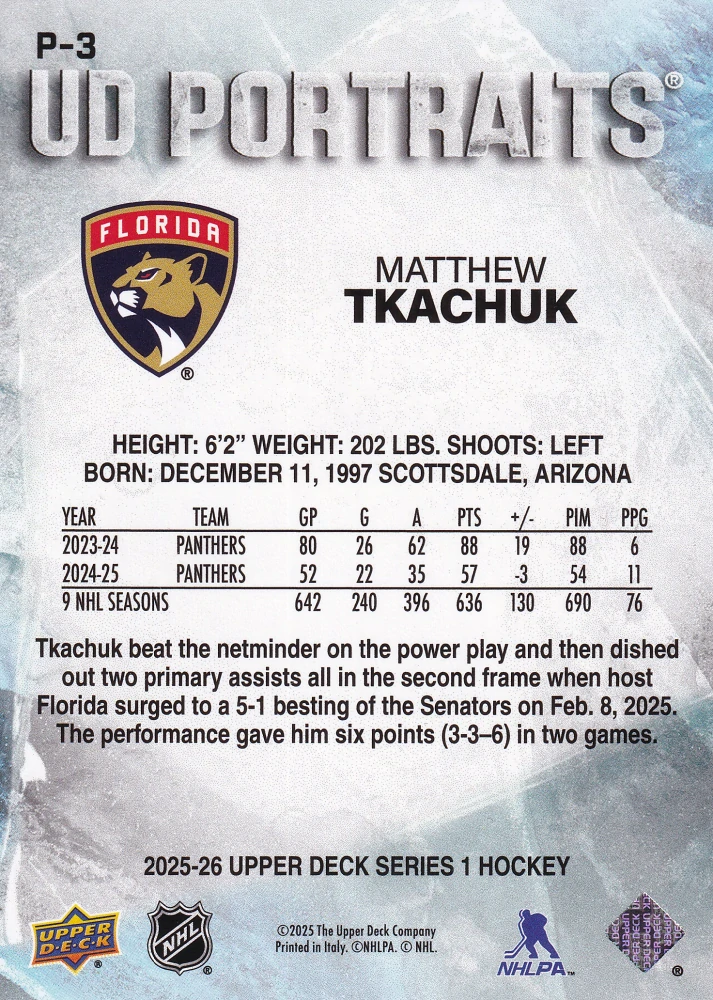 2025-26 UD Series 1 - Matthew Tkachuk - UD Portraits #P-3