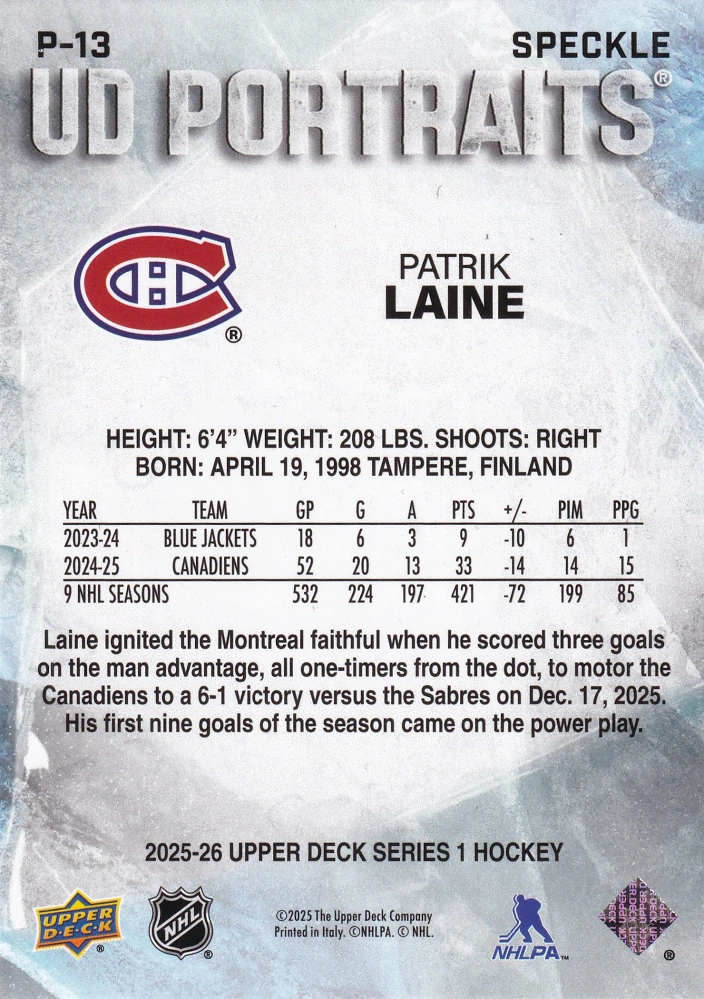 2025-26 UD Series 1 - Patrik Laine - UD Portraits - Speckle #P-13