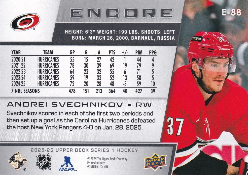 2025-26 UD Series 1 - Andrei Svechnikov - Encore #E-88