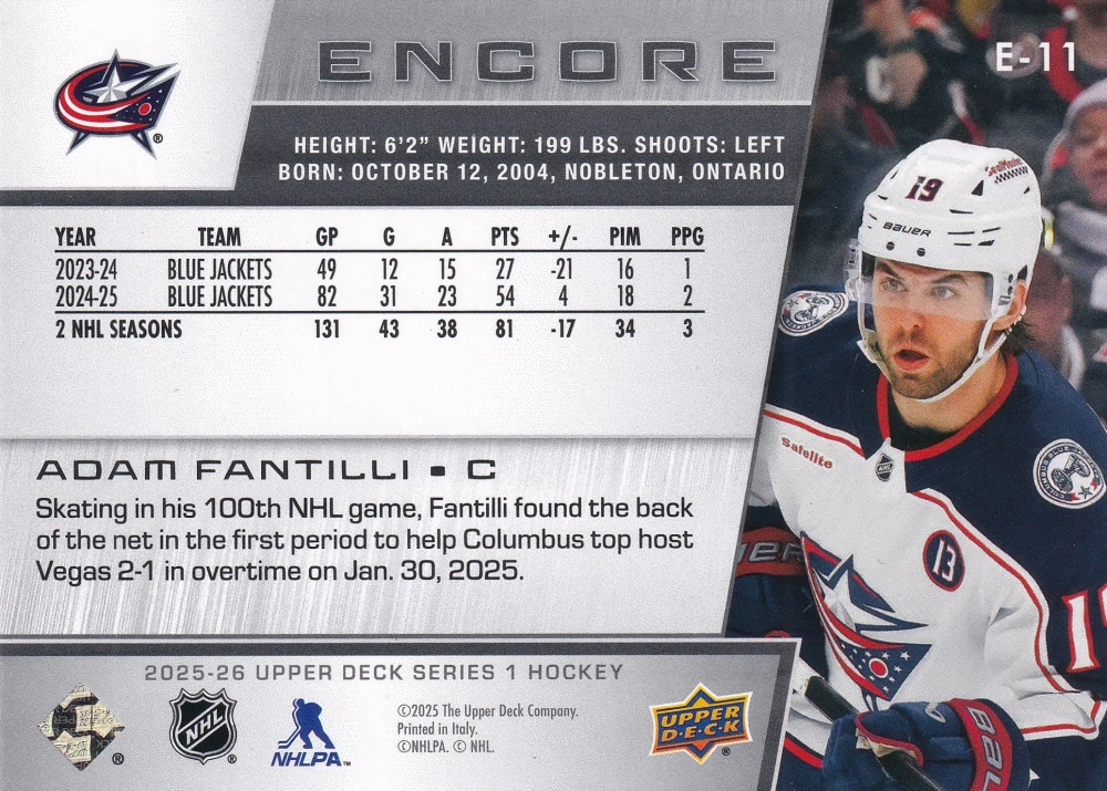 2025-26 UD Series 1 - Adam Fantilli - Encore #E-11