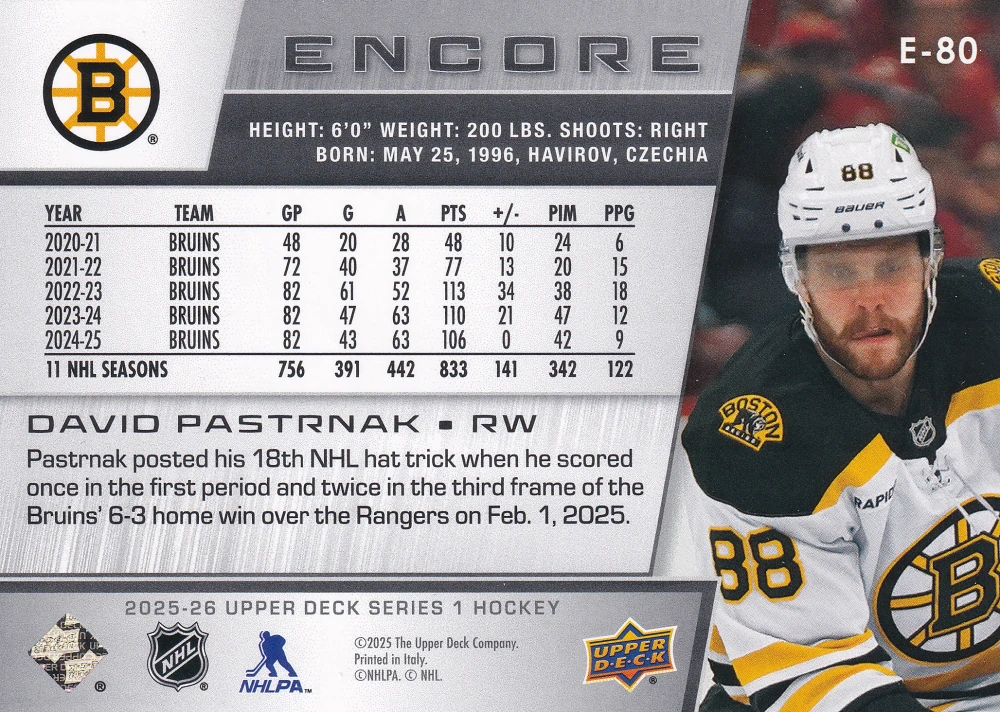 2025-26 UD Series 1 - David Pastrňák - Encore #E-80