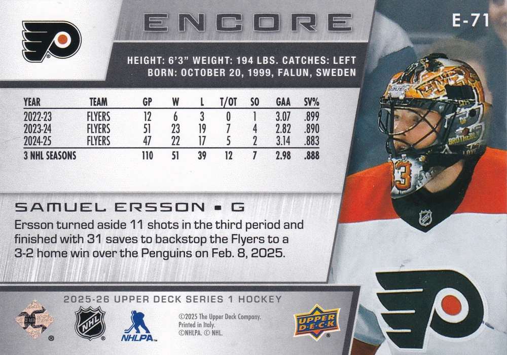 2025-26 UD Series 1 - Samuel Ersson - Encore #E-71