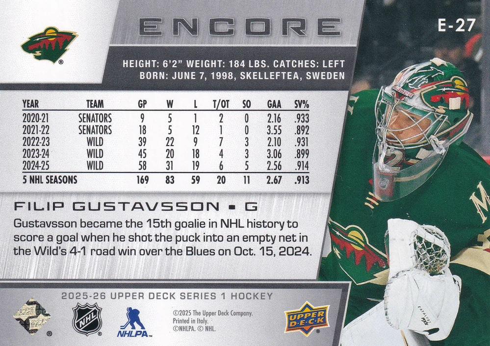 2025-26 UD Series 1 - Filip Gustavsson - Encore #E-27