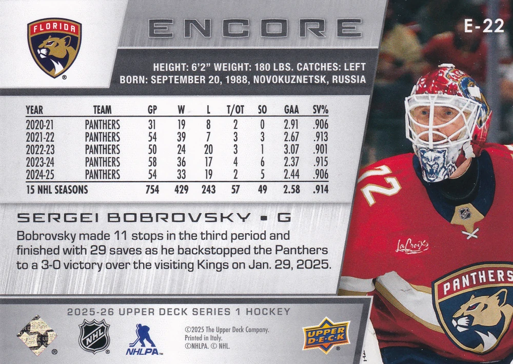 2025-26 UD Series 1 - Sergei Bobrovsky - Encore #E-22