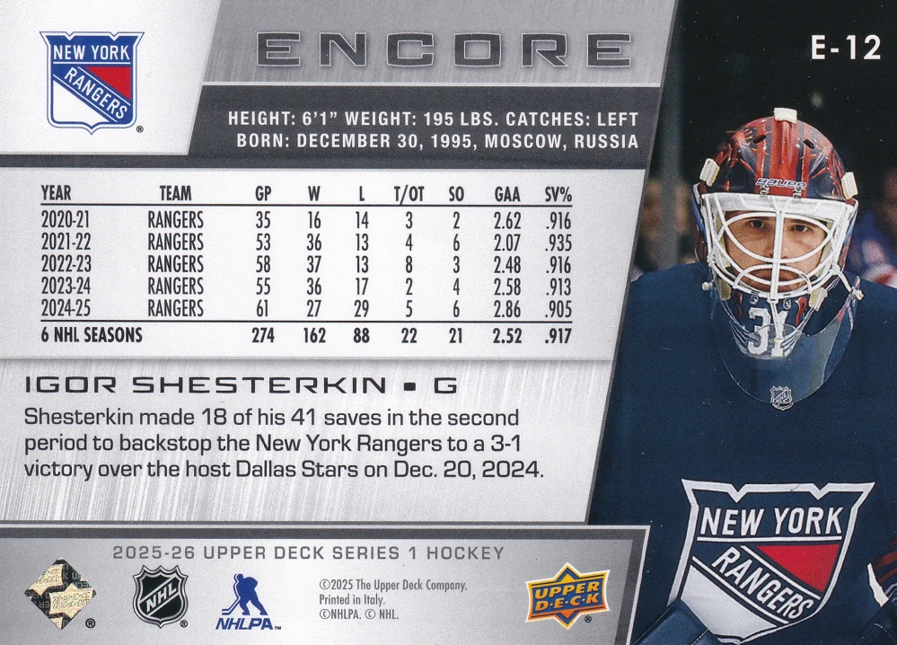 2025-26 UD Series 1 - Igor Shesterkin - Encore #E-12