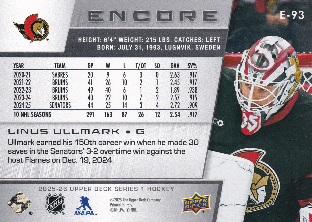 2025-26 UD Series 1 - Linus Ullmark - Encore #E-93