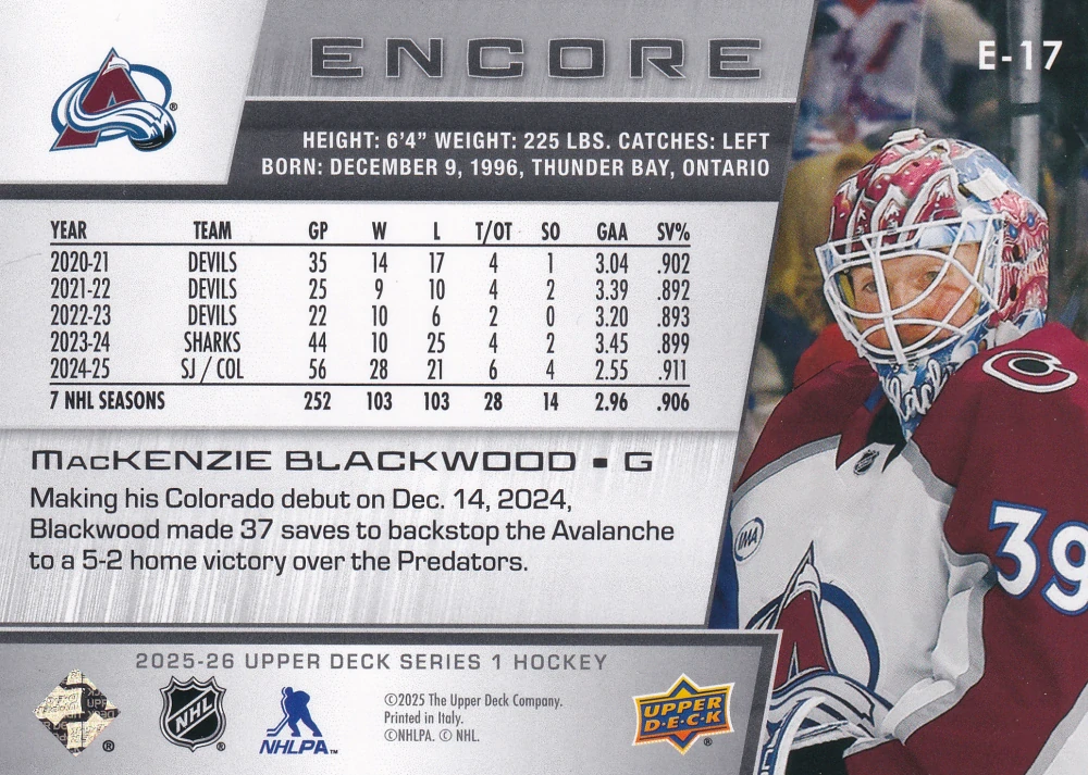 2025-26 UD Series 1 - Mackenzie Blackwood - Encore #E-17