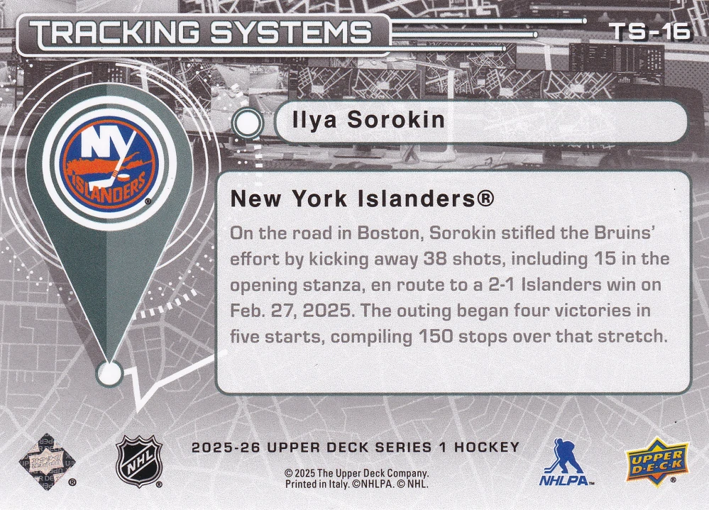 2025-26 UD Series 1 - Ilya Sorokin - Tracking Systems #TS-16