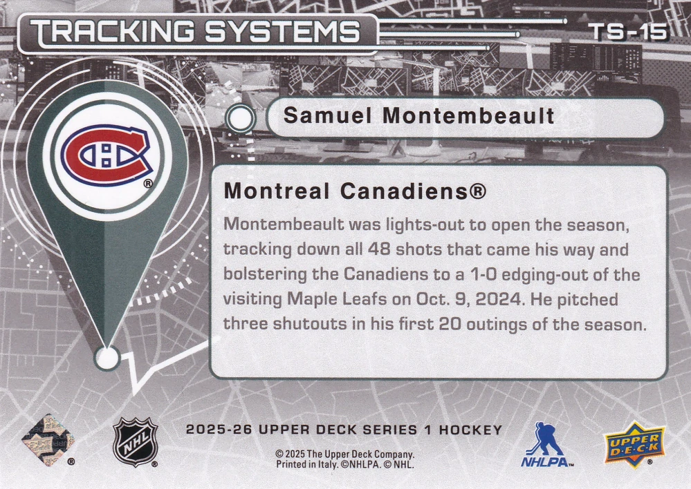 2025-26 UD Series 1 - Samuel Montembeault - Tracking Systems #TS-15