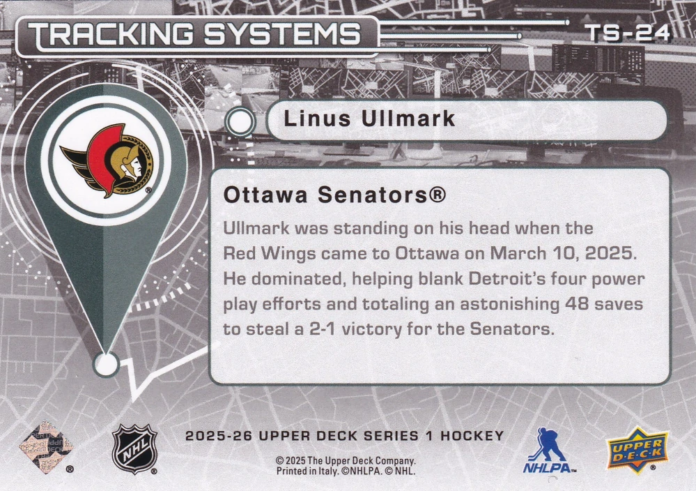 2025-26 UD Series 1 - Linus Ullmark - Tracking Systems #TS-24