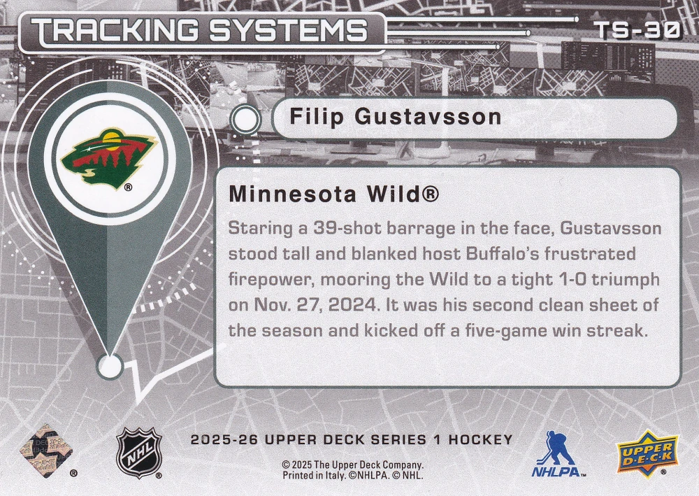 2025-26 UD Series 1 - Filip Gustavsson - Tracking Systems #TS-30