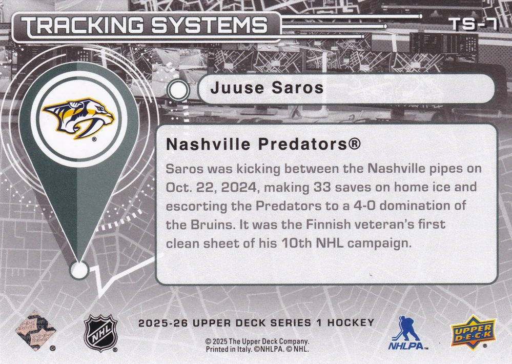 2025-26 UD Series 1 - Juuse Saros - Tracking Systems #TS-7
