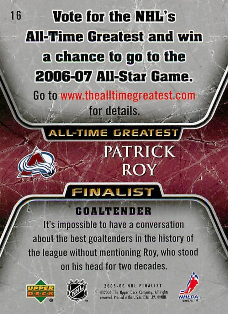 2005-06 UD NHL Finalist - Patrick Roy #16