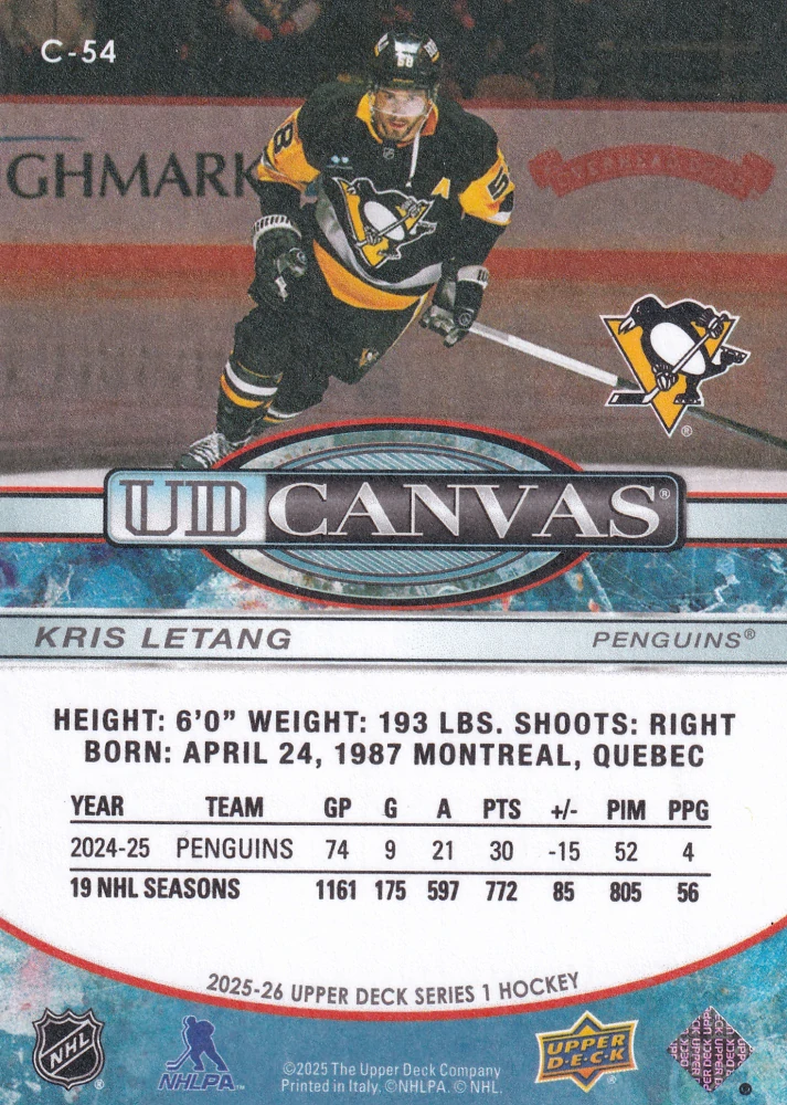 2025-26 UD Series 1 - Kris Letang - Canvas #C-54