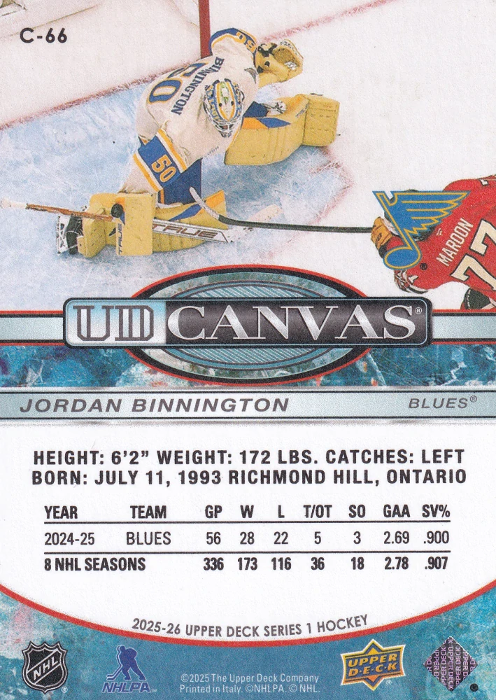 2025-26 UD Series 1 - Jordan Binnington - Canvas #C-66