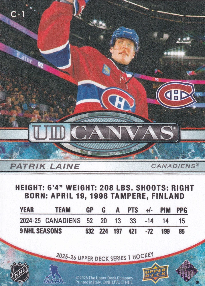 2025-26 UD Series 1 - Patrik Laine - Canvas #C-1