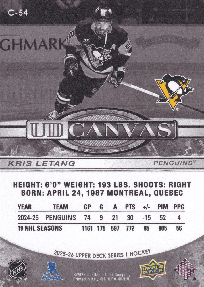 2025-26 UD Series 1 - Kris Letang - Canvas Black and White #C-54