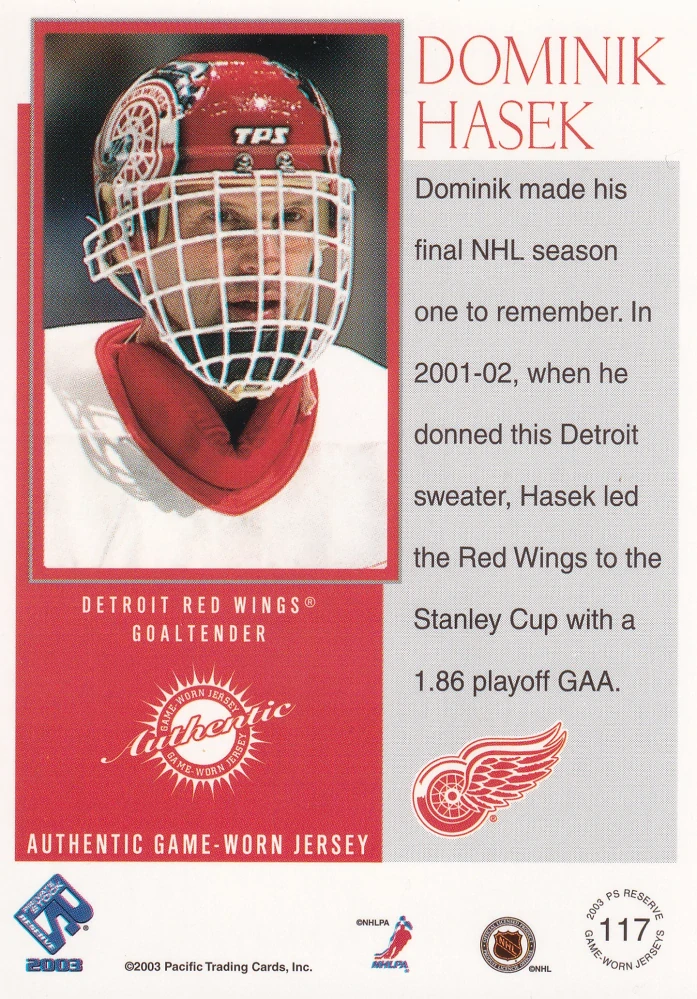 2002-03 Pacific Private Stock Reserve - Dominik Hašek - Authentic Game Worn Jersey /1475 #117