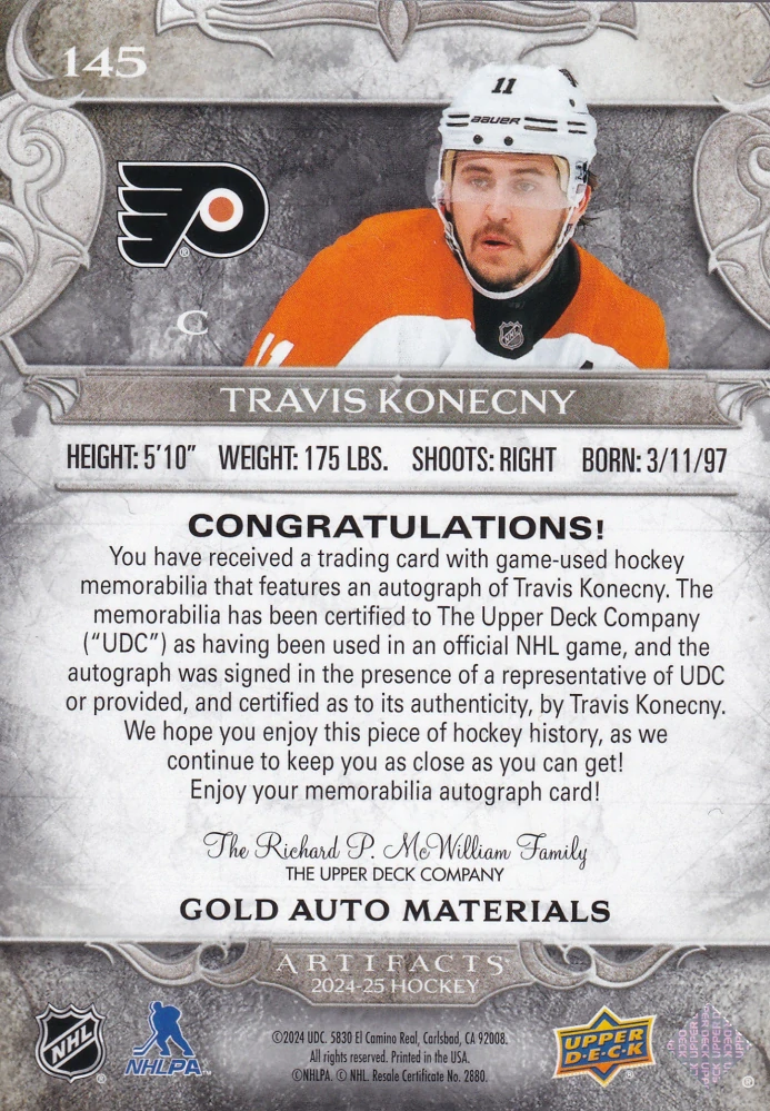 2024-25 UD Artifacts - Travis Konecny - Gold Auto Materials /45 #145