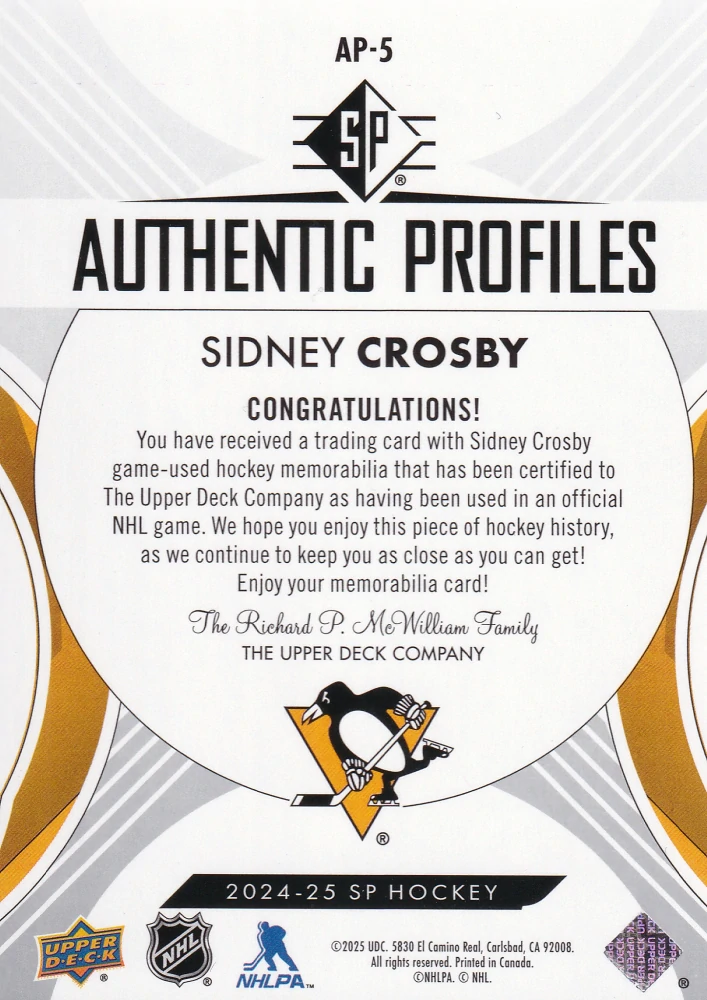 2024-25 UD SP Hockey - Sidney Crosby - Authentic Profiles Jersey #AP-5