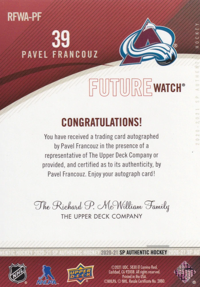 2020-21 UD SP Authentic - Pavel Francouz - Future Watch Auto Retro /399 #RFWA-PF