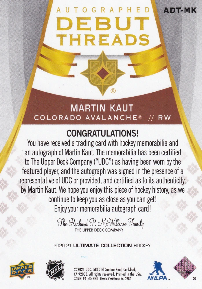 2020-21 UD Ultimate Collection - Martin Kaut - Autographed Debut Threads /99 #ADT-MK