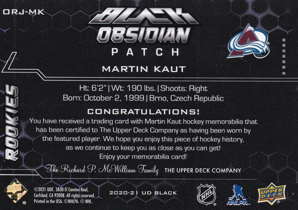 2020-21 UD SPx - Martin Kaut - Black Obsidian Patch /35 #ORJ-MK