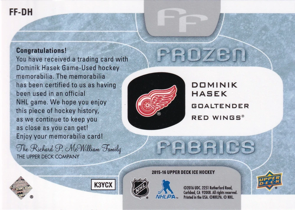 2015-16 UD Ice - Dominik Hašek - Frozen Fabrics #FF-DH