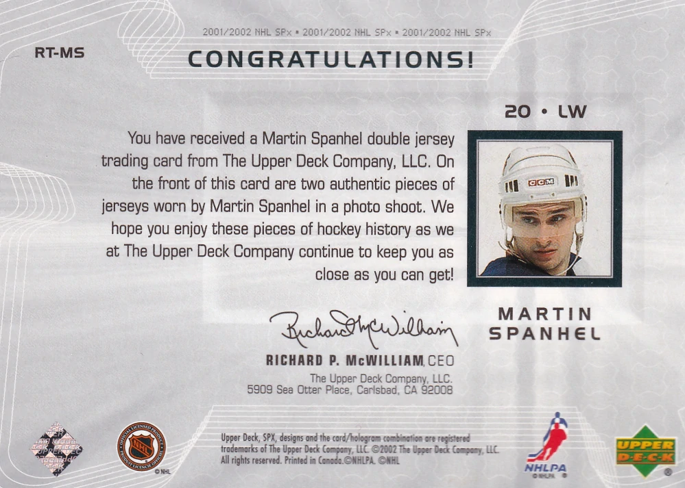 2001-02 UD SPx - Martin Špaňhel - Rookie Treasures #RT-MS