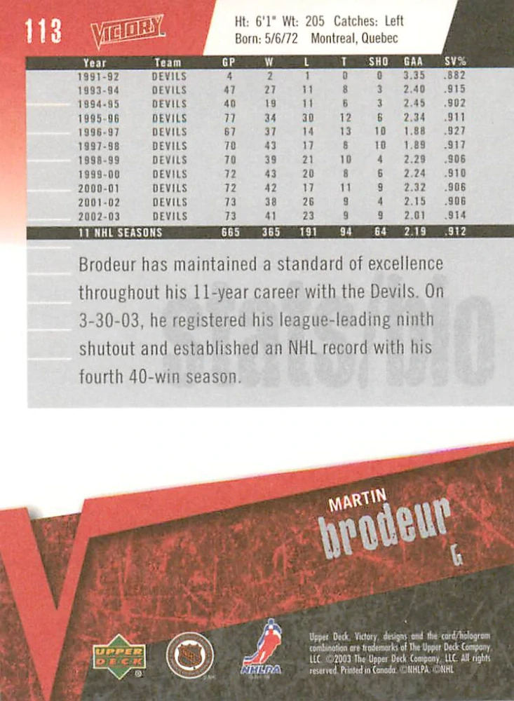 2003-04 UD Victory - Martin Brodeur #113