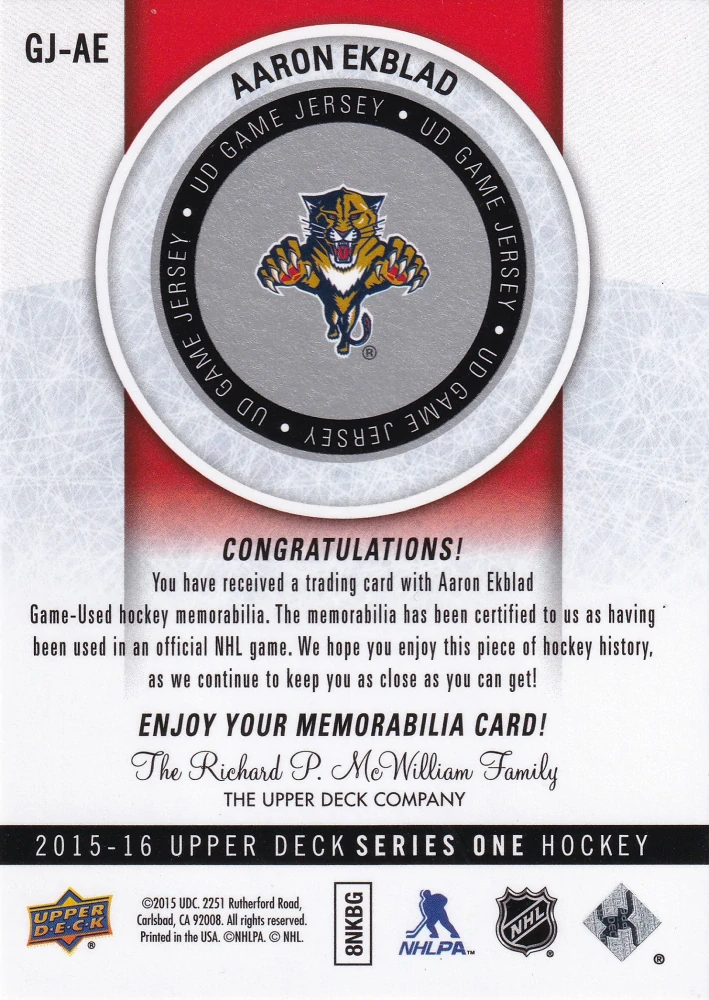 2015-16 UD Series 1 - Aaron Ekblad - UD Game Jersey #GJ-AE
