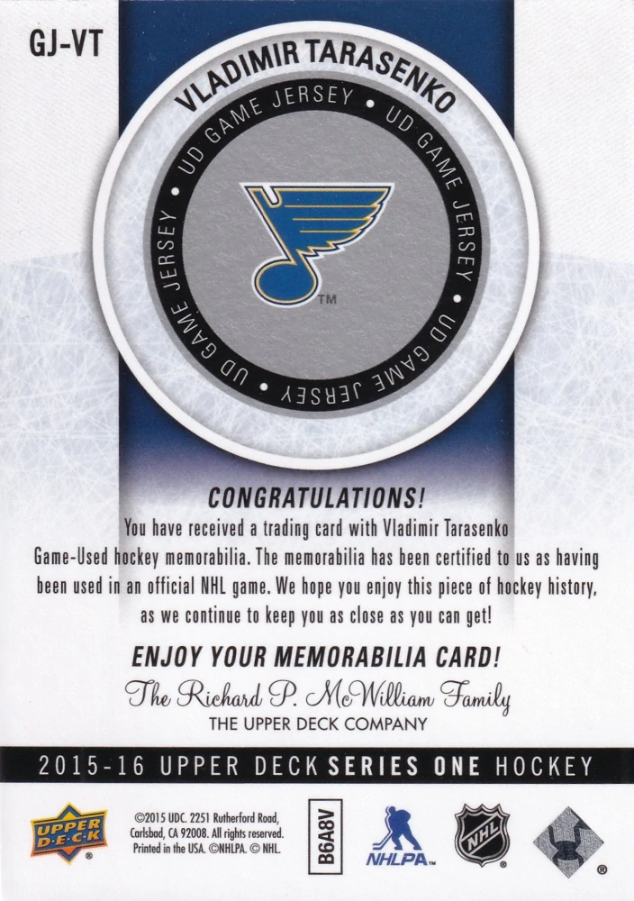 2015-16 UD Series 1 - Vladimir Tarasenko - UD Game Jersey #GJ-VT