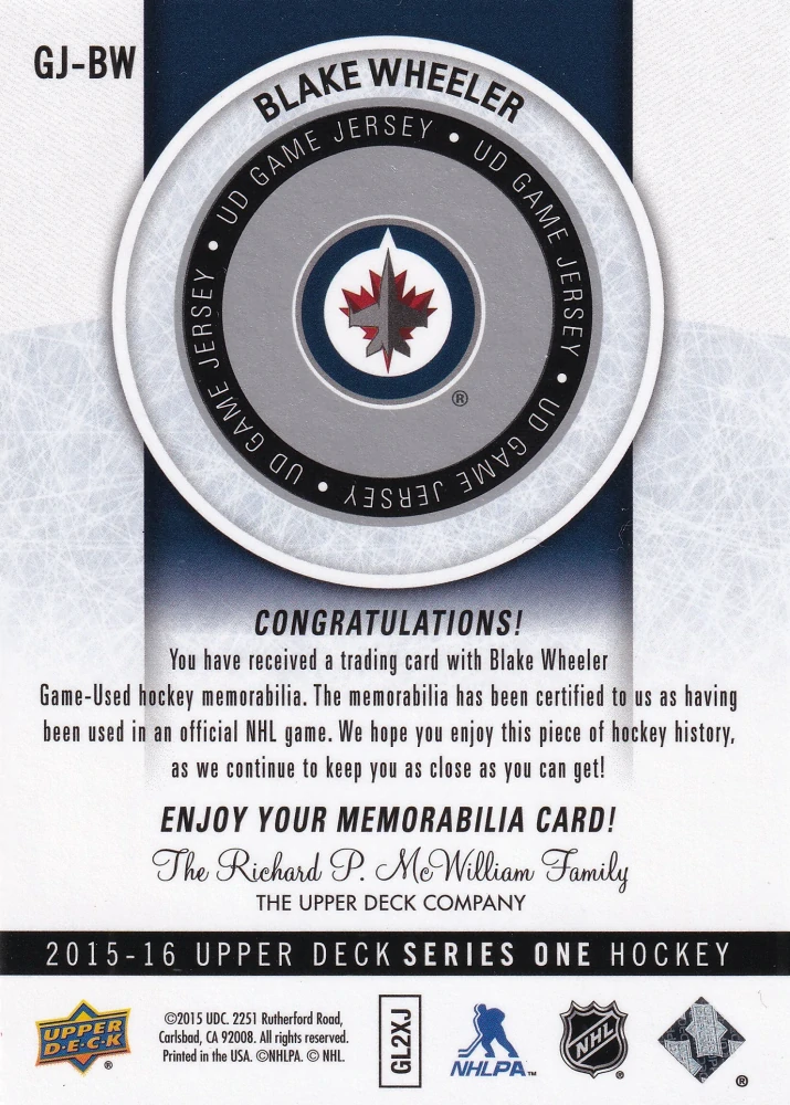 2015-16 UD Series 1 - Blake Wheeler - UD Game Jersey #GJ-BW