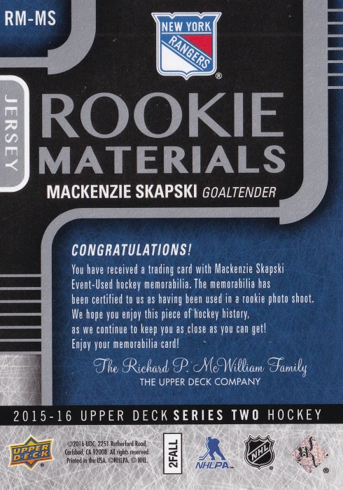 2015-16 UD Series 2 - Mackenzie Skapski - Rookie Materials #RM-MS