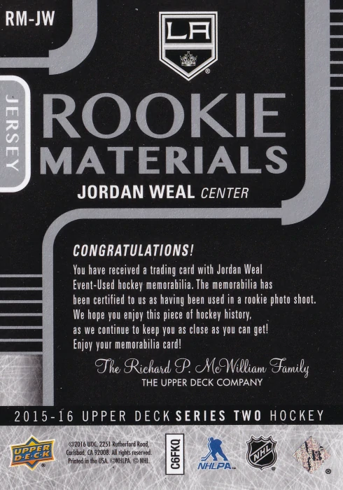 2015-16 UD Series 2 - Jordan Weal - Rookie Materials #RM-JW