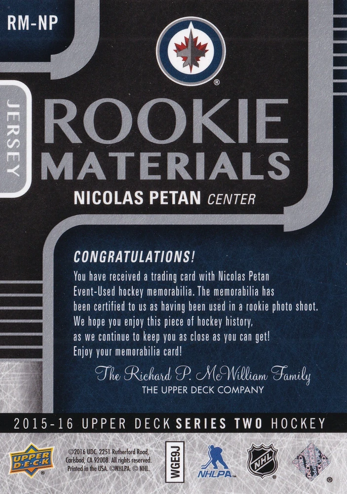2015-16 UD Series 2 - Nicolas Petan - Rookie Materials #RM-NP