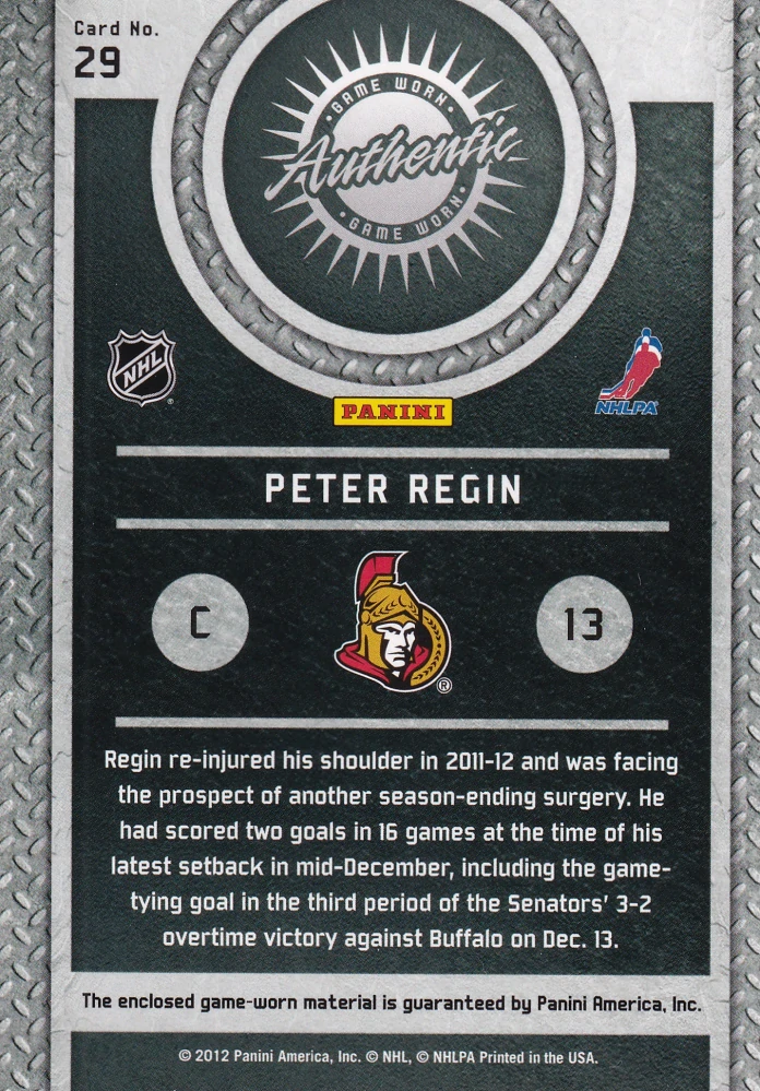 2011-12 Panini Titanium - Peter Regin - Game-Worn Gear #29