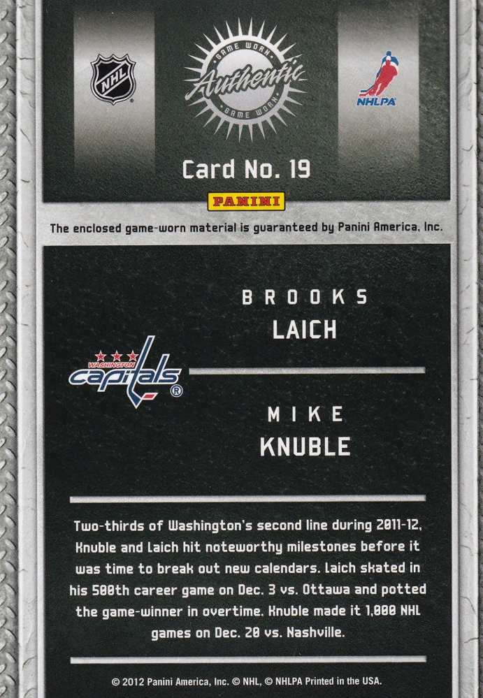 2011-12 Panini Titanium - Brooks Laich, Mike Knuble - Game-Worn Gear /300 #19