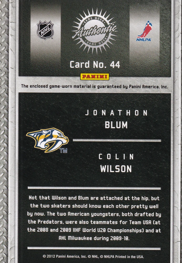 2011-12 Panini Titanium - Jonathon Blum, Colin Wilson - Game-Worn Gear /300 #44