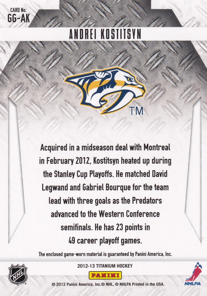2012-13 Panini Titanium - Andrei Kostitsyn - Game-Worn Gear #GG-AK