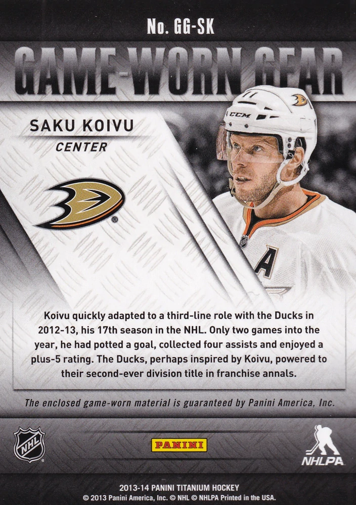 2013-14 Panini Titanium - Saku Koivu - Game-Worn Gear #GG-SK