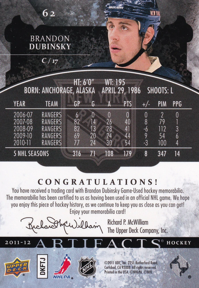 2011-12 UD Artifacts - Brandon Dubinsky - Jersey /125 #62