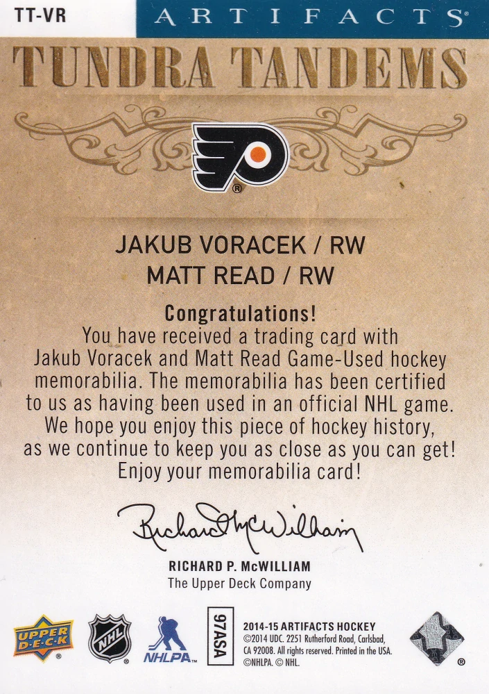 2014-15 UD Artifacts - Jakub Voráček, Matt Read - Tundra Tandems #TT-VR