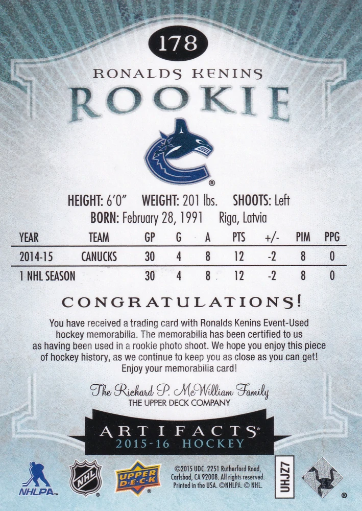 2015-16 UD Artifacts - Ronalds Kenins - Rookie Jersey /399 #178