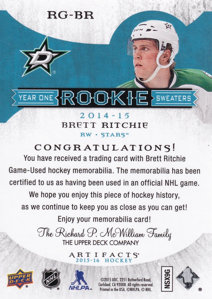 2015-16 UD Artifacts - Brett Ritchie - Year One Rookie Sweaters #RG-BR