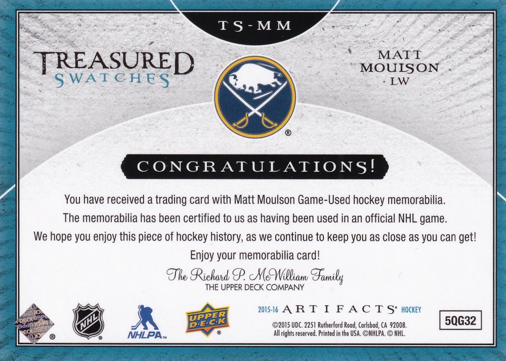 2015-16 UD Artifacts - Matt Moulson - Treasured Swatches #TS-MM