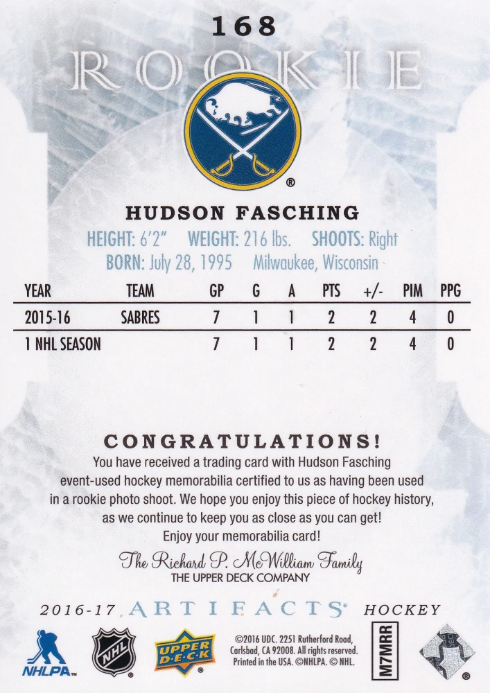2016-17 UD Artifacts - Hudson Fasching - Rookie Dual Materials /399 #168