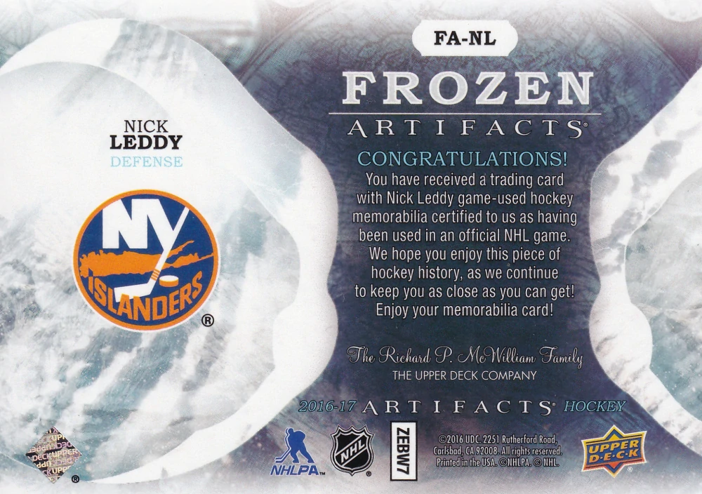 2016-17 UD Artifacts - Nick Leddy - Frozen Artifacts #FA-NL