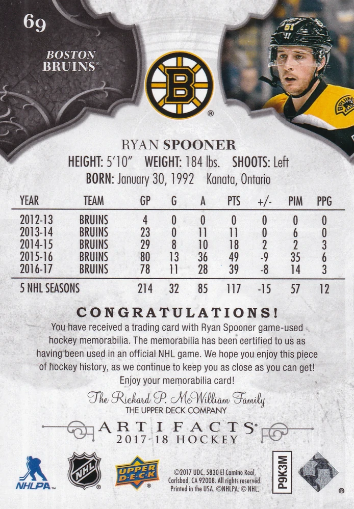 2017-18 UD Artifacts - Ryan Spooner - Silver Materials /165 #69