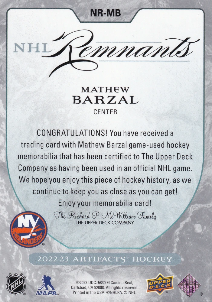 2022-23 UD Artifacts - Mathew Barzal - NHL Remnants Jersey Relics #NR-MB